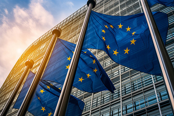 Europaflaggen vor einem Gebäude